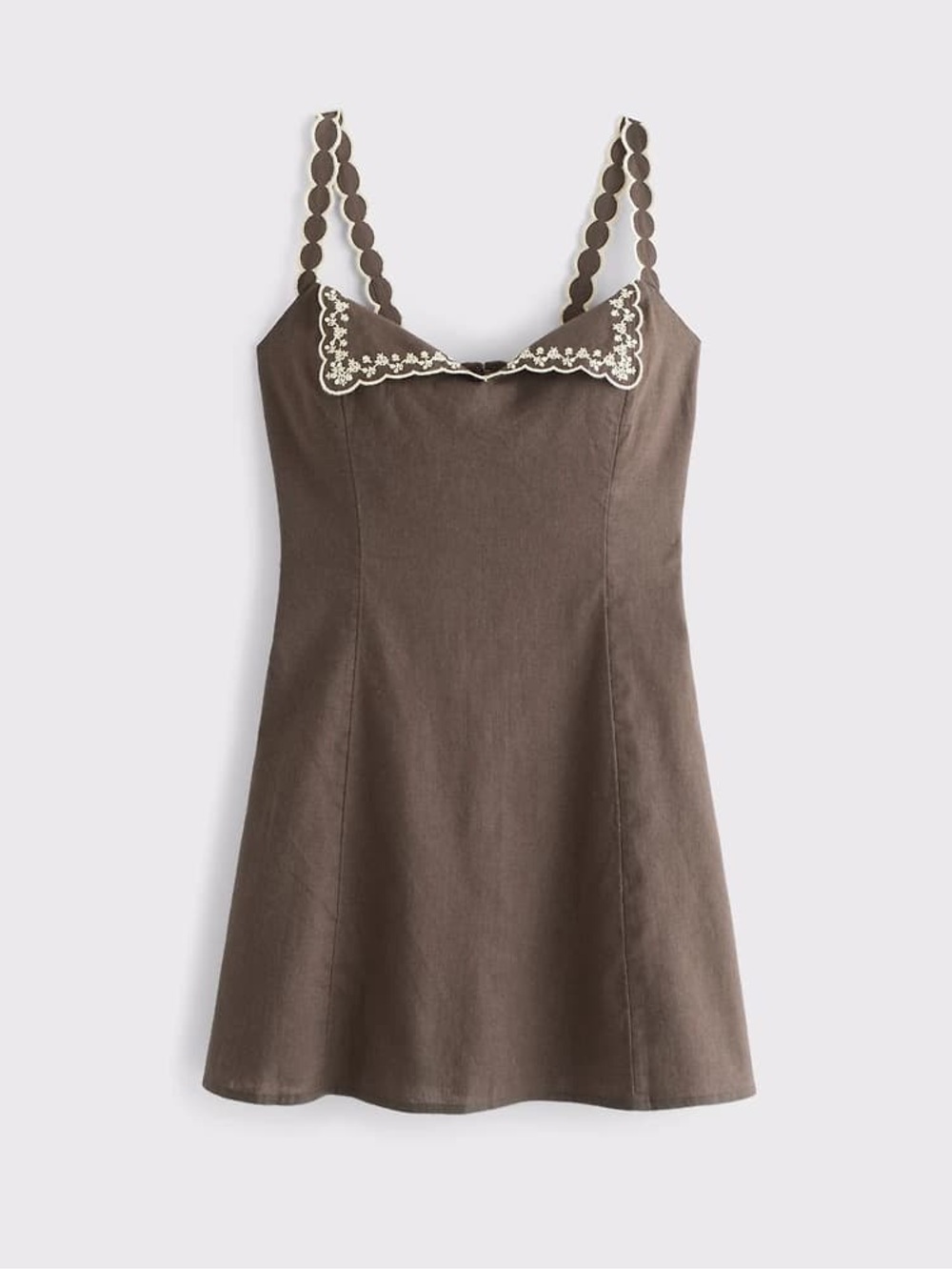 Abercrombie & Fitch Brown Linen Embroidered Scallop-Trim Mini Dress